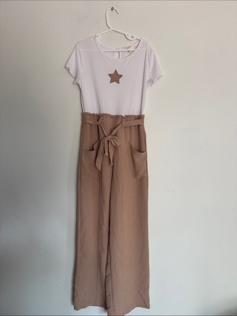 Wide-Leg Romper Paperbag Waist  in Taupe